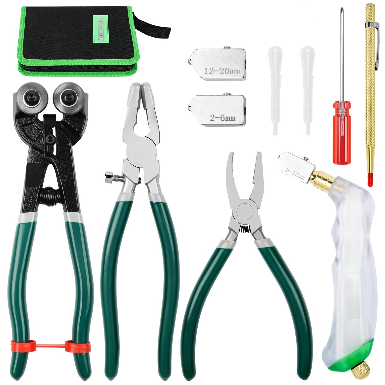 10Pcs Heavy Duty Glass Cutters Tools Kit, Wheeled Glass Tile Nippers Glass Running Breaking Pliers, Breaker Grozer Pliers with Curved Jaws, for Stained Glass, Mosaics, Fusing, Breaking